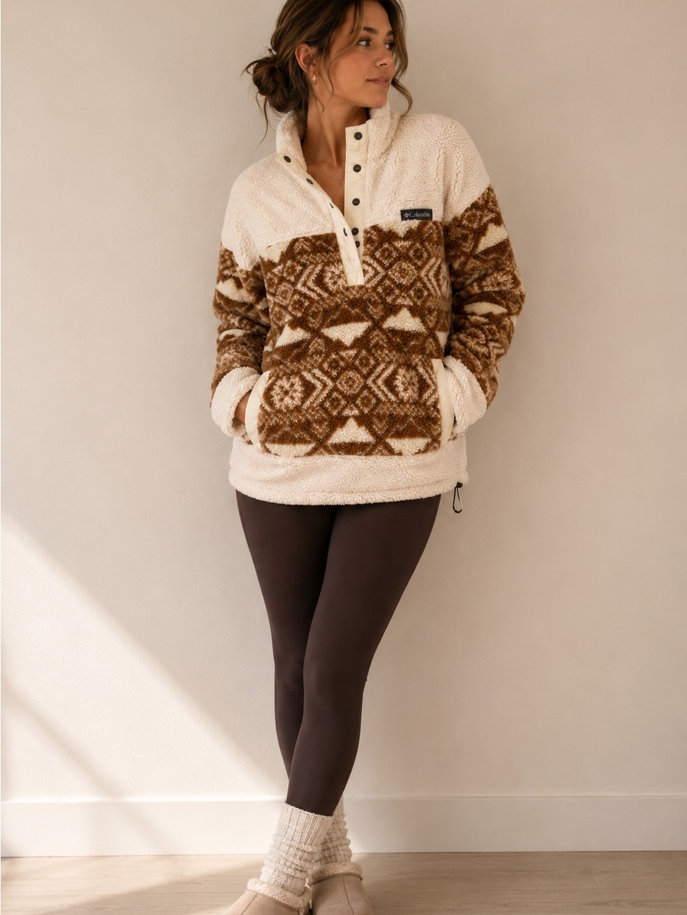 Columbia Sherpa Fleece Pullover Small Brown Cream Geometric Southwestern